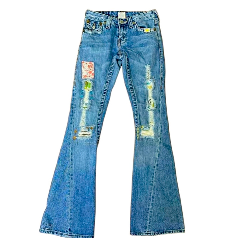 True Religion Flare Leg Floral Patchwork Quilted Distressed Jeans